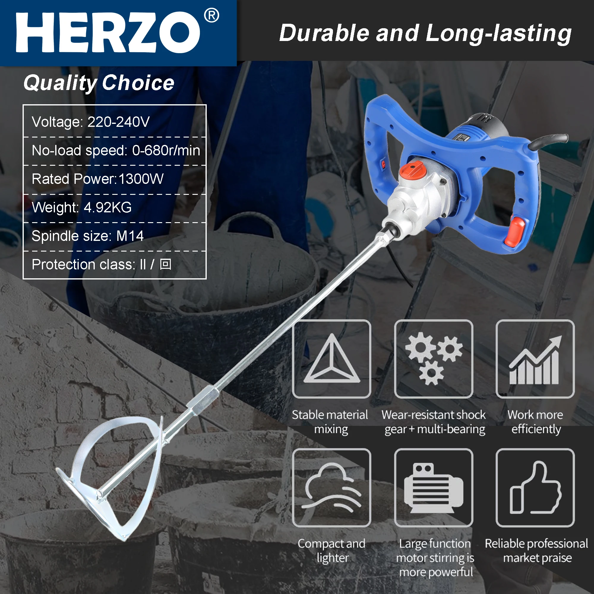 خلاط كهربائي عالي الطاقة قابل للتعديل بسرعتين 1300 وات، مثقاب خلط كهربائي، أداة خلط، تستخدم للملاط والطلاء والأسمنت والجبس