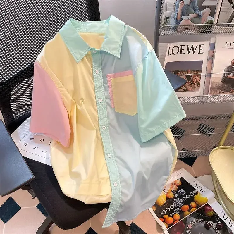 

Casual color blocked patchwork short sleeved shirt for women, loose fit Korean college style workwear, half sleeved top