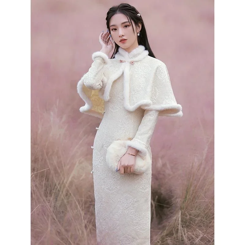 Autumn Winter Thicken Warm Women Shawl+qipao Two-piece Chinese Dress Traditional Retro Vestido Chino Elegant Improve Cheongsam