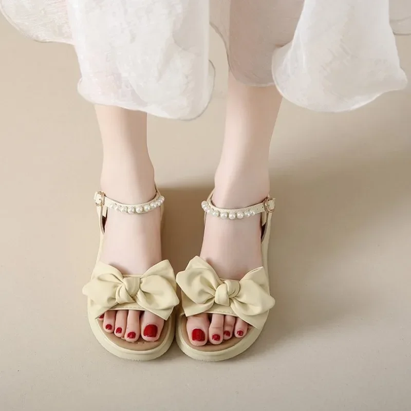 Summer Sandals for Elegant Pearl Bowknot Fashion New Versatile  Causal Party Wedding Flats Beach Shoes