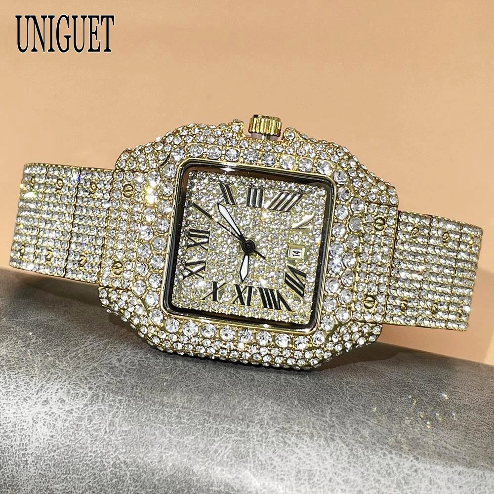 2026 Hot Sale Fashion Brand UNIGUET Square Diamond Wristwatch For Womens Luxury Bling Diamond Quartz Gold Watch Ladies Top Gift