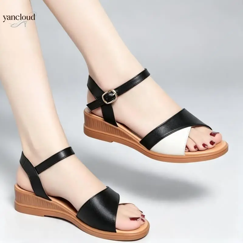 Plus Size 35-42 Comfortable Mix Color Genuine Leather Sandals Flat Platform Shoes 2026 Summer Women's Wedges Sandals Office Mom