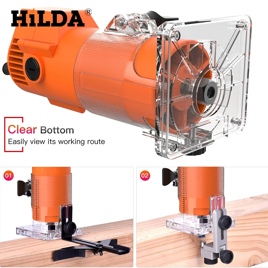 HILDA Electric Trimmer Wood Milling Engraving Slotting Trimming Machine Hand Carving Machine Wood Router Woodworking