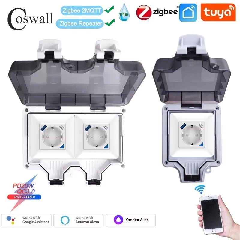 Coswall IP66 Waterproof EU Socket Tuya WIFI / Zigbee With PD 20W Type-C & A Dual USB Fast Charger With Power Monitoring Function