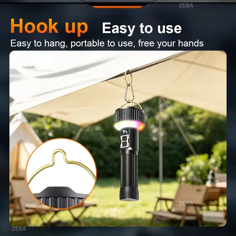 Colorful LED Flashlight 7 Light Modes USB Rechargeable Camping Lantern Waterproof Hanging Torch for Outdoor Tent Hiking Emergenc