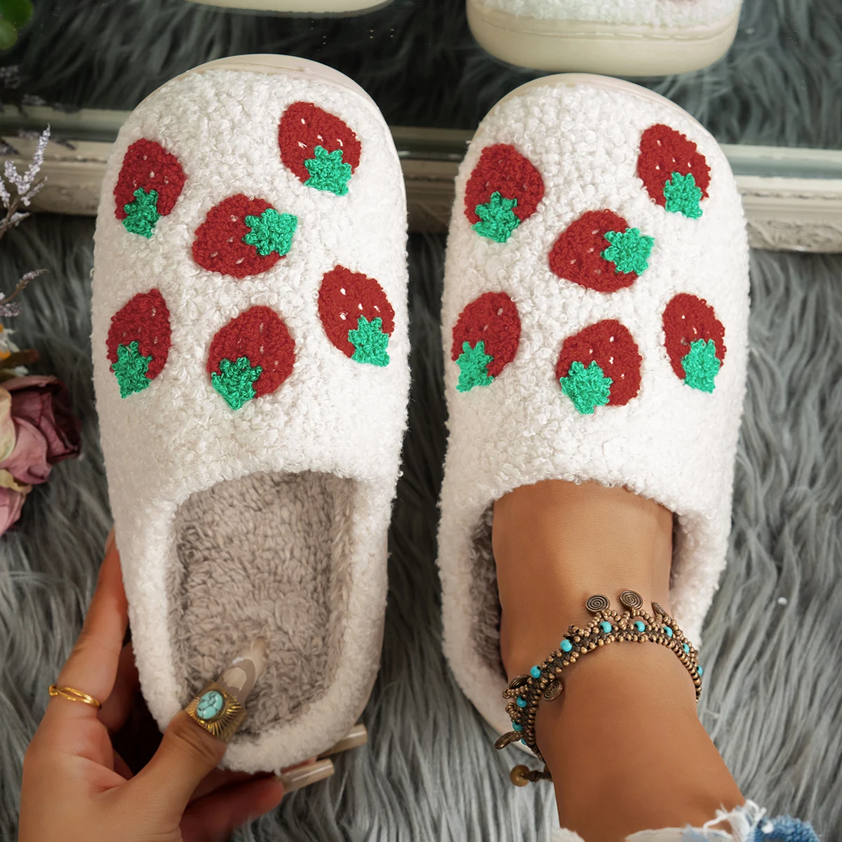 Cartoon Fruit Pattern Women's Strawberry Bedroom Slippers Winter Cute Casual Indoor Warm Comfy Home Soft Sole Girl Plush Shoes