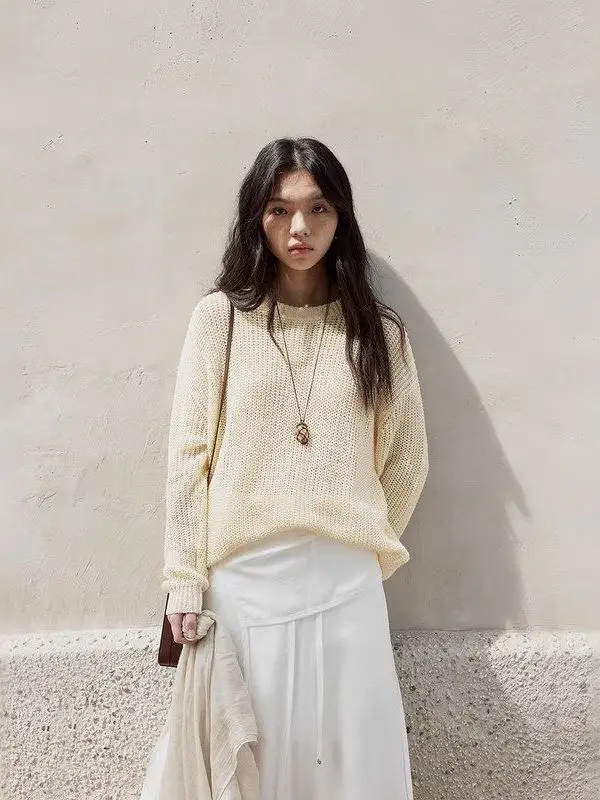 

Loose Long Sve Knitted Sweater Women's round Ne Pure Color Korean Sle ForloveNancy Thirteen Rows Spring Summer 2026