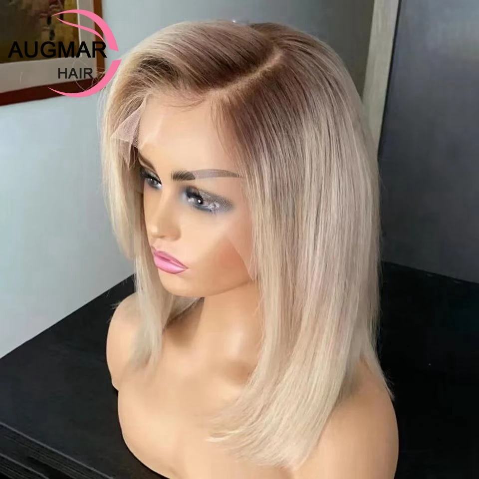 Pre Plucked 13x6 Blonde Lace Front Wig Human Hair Ombre Straight Short Bob Human Hair Wigs HD Transparent 360 Lace Frontal Wig