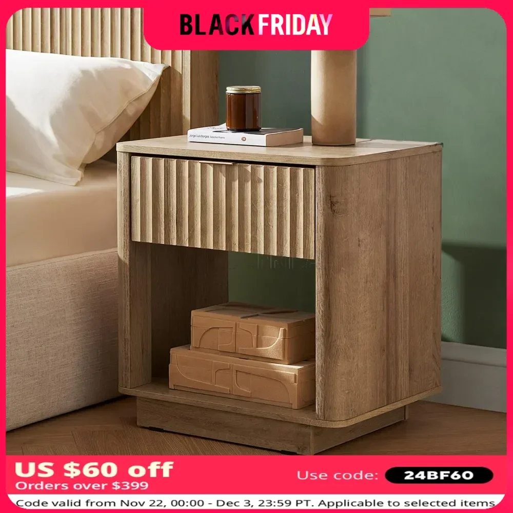 Night Stand with Drawer Small Side Table Fluted Panel End Table with Storage Modern Farmhouse Nightstand