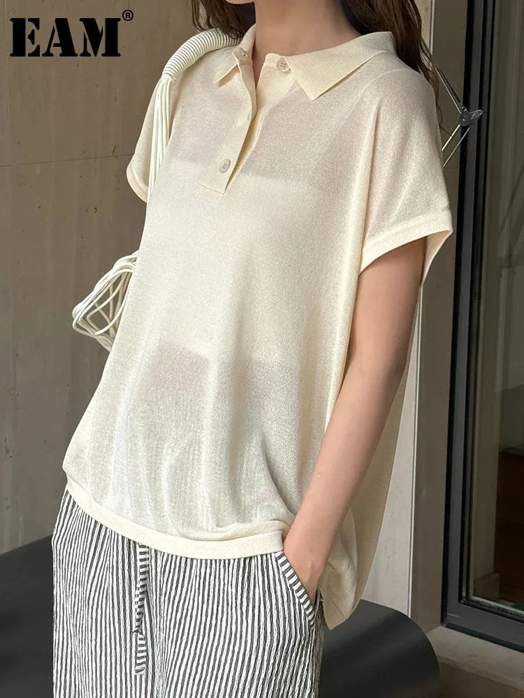 

[EAM] Women Apricot Thin Knitting Perspective Big Size T-shirt New Lapel Short Sleeve Fashion Tide Spring Summer 2024 1DH6129