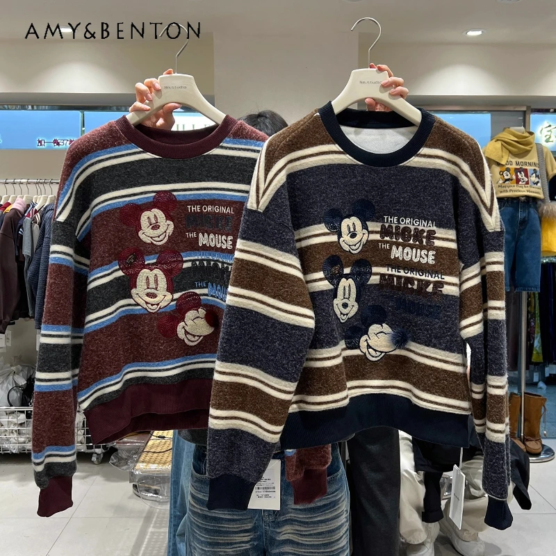 

Cartoon Stylish Fleece-Lined Sweatshirt Women's Winter Thickened Retro Color-Block Loose Striped Crew Neck Pullover Top Hoodies