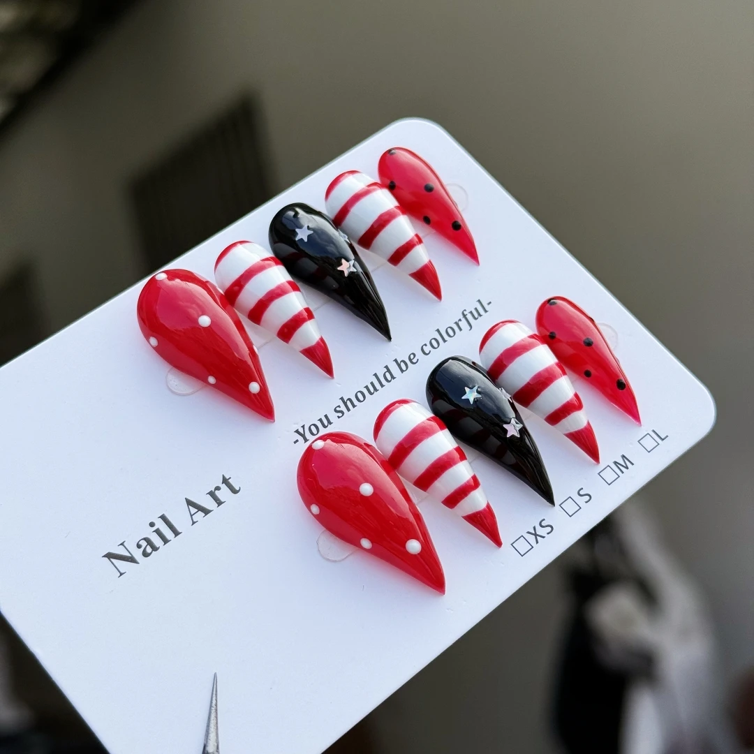 10pcs high-end style, hand-painted stripes, five-pointed stars, short dragon claw style nails handmade fake nails