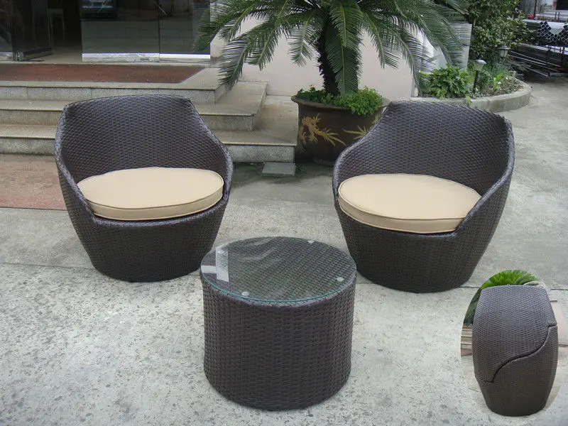 3 pcs Dark Brown Resin Wicker Obelisk Chair Rattan Bullet Sofa Set leisure couch coffee tea table chair customized color size