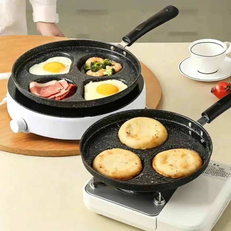 Non Stick 4 Section Maifan Stone Frying Pan Anti Scald Handle Even Heating For Home Kitchen Breakfast Cooking