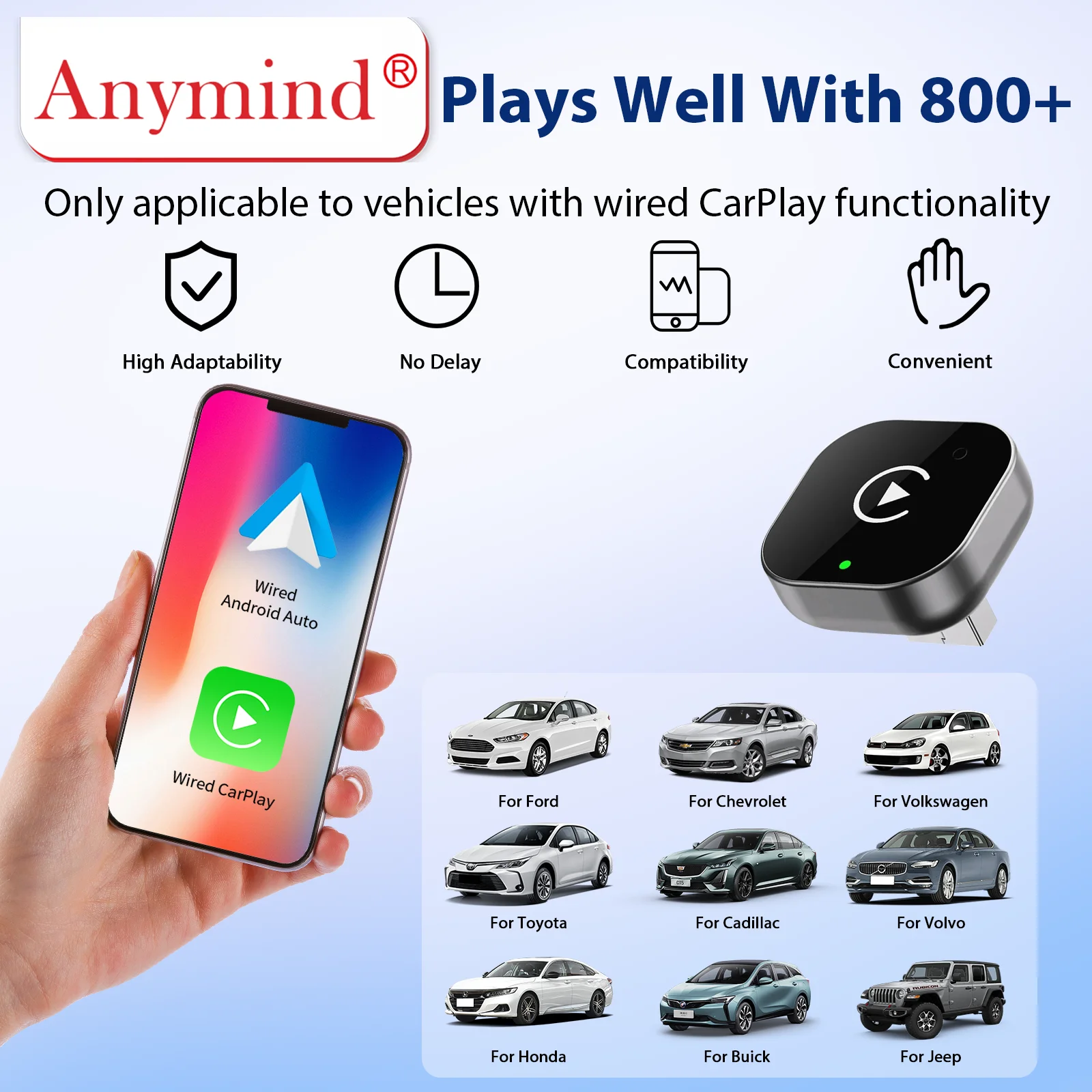 Anymind Upgraded Wireless CarPlay Android Auto Adapter, Dual Band WiFi, Fast Auto-Connect Plug&Play for iPhone Android USB/USB-C