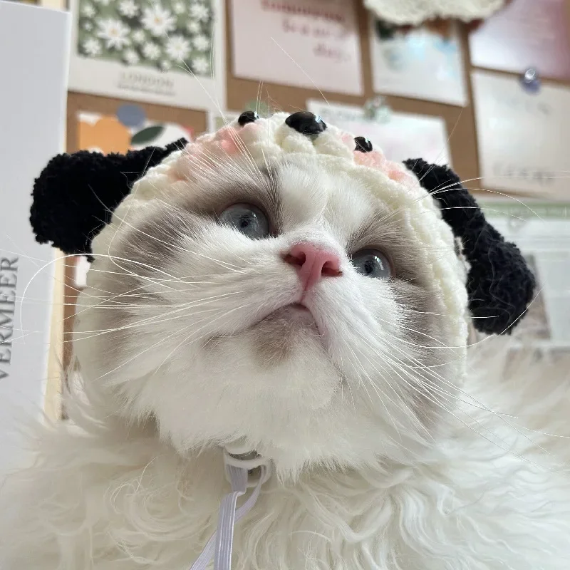 Cartoon Cute Cat Dog Costume Warm Sheep Hat Soft Knitted Plush Hood Headwear For Puppy Rabbit Kitten Small Dogs Small Animals