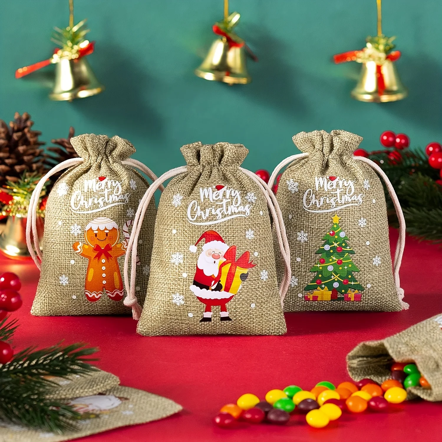 12pcs Christmas Candy Gift Bag Santa Claus Patterns Natural Jute Bags Burlap Drawstring Pouch Jewelry Packaging Party Gift Bag