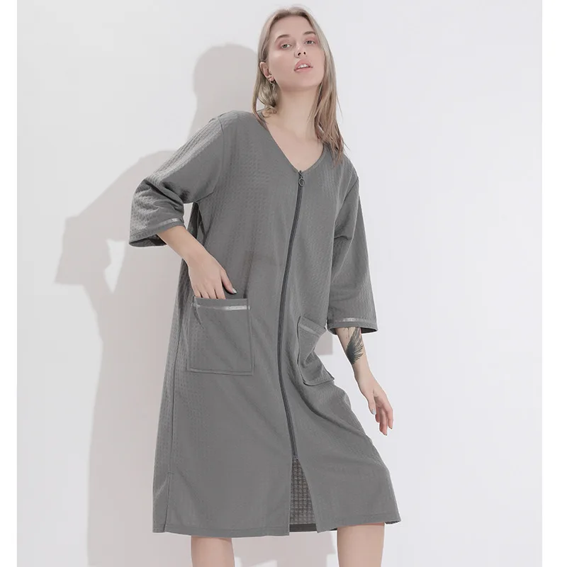 Zipper Pocket Nightwear Summer Bathrobe Pajamas for Couples Waffle Robe Women Nightgowns Men Night Dress Home Wear Clothes