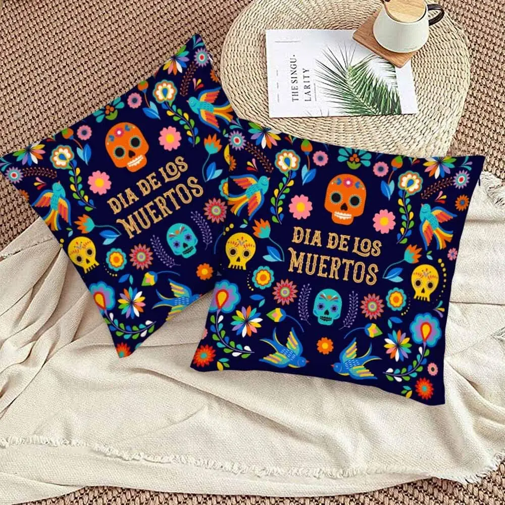 Day of The Dead Pillow Covers 18x18 Inch Set of 2,Dia de los moertos colorful Mexican flowers skulls halloween Polyester