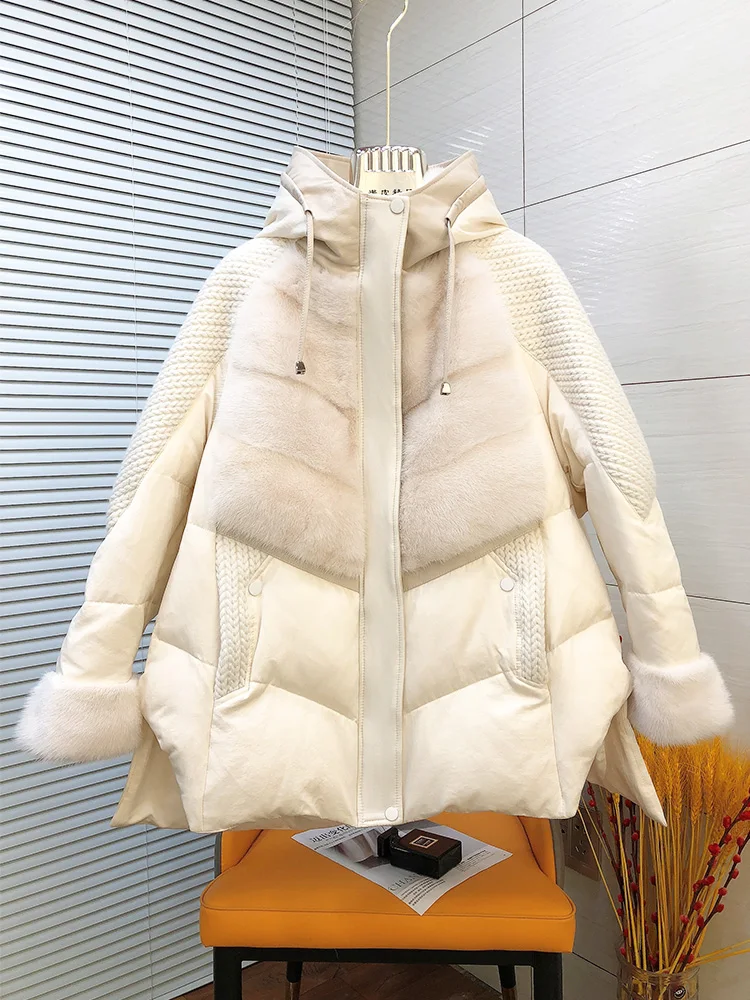 2023 Fashion Autumn Winter Women Coats 90% White Goose Leather Down Jacket Real Mink Fur Collar Thick Warm Luxury Female Coats