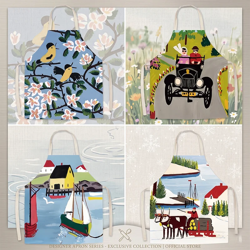 

Artistic Vintage Printed Kitchen Apron Women Men Cooking Baking Pinafore Floral Landscape Designer Bib Home Cleaning Accessories