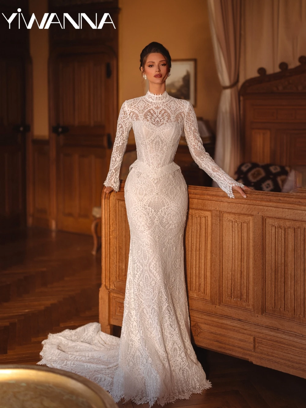 New Arrival Beaded Lace Long Wedding Dress Modest High Collar Bridal Gown Customized Graceful Mermaid Dresses For Bride
