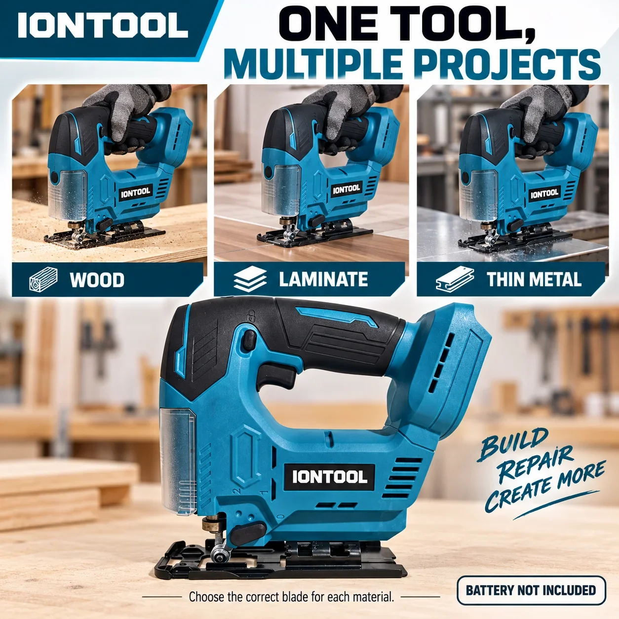 IONTOOL Cordless Jigsaw 800-3000RPM 90mm Cutting Depth for Wood Metal Curve Cutting and DIY Projects Tool Only
