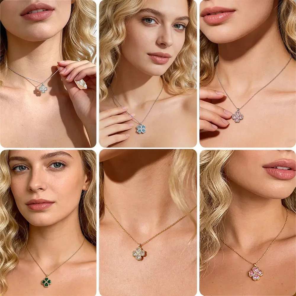 Multicolor Shamrocks Zircon Necklace for Women Y2K Aesthetic Four Leaf Shamrocks Pendant Perfect Gift Girlfriend Wife Necklace