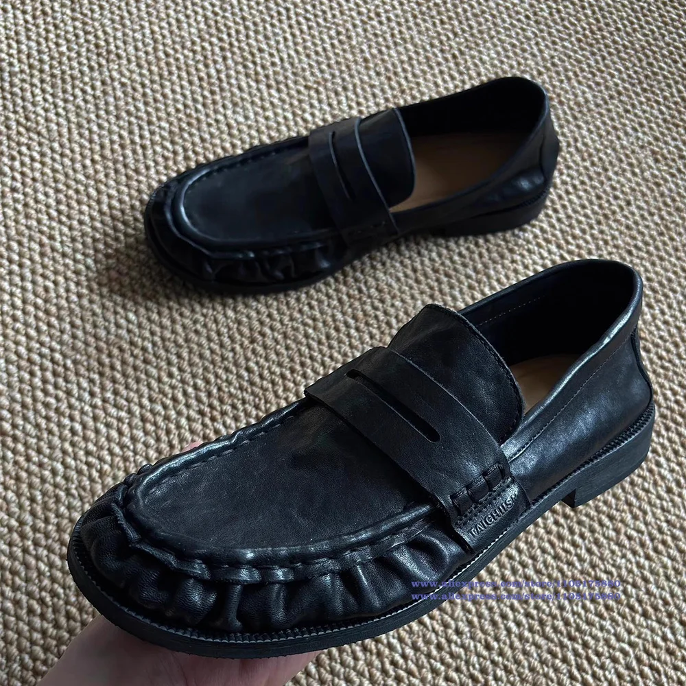

Vintage Pleated Design Slip On Loafers Soft Leather Derby Shoes Flats Trendy Handmade Luxury Designer Men's Single Shoes