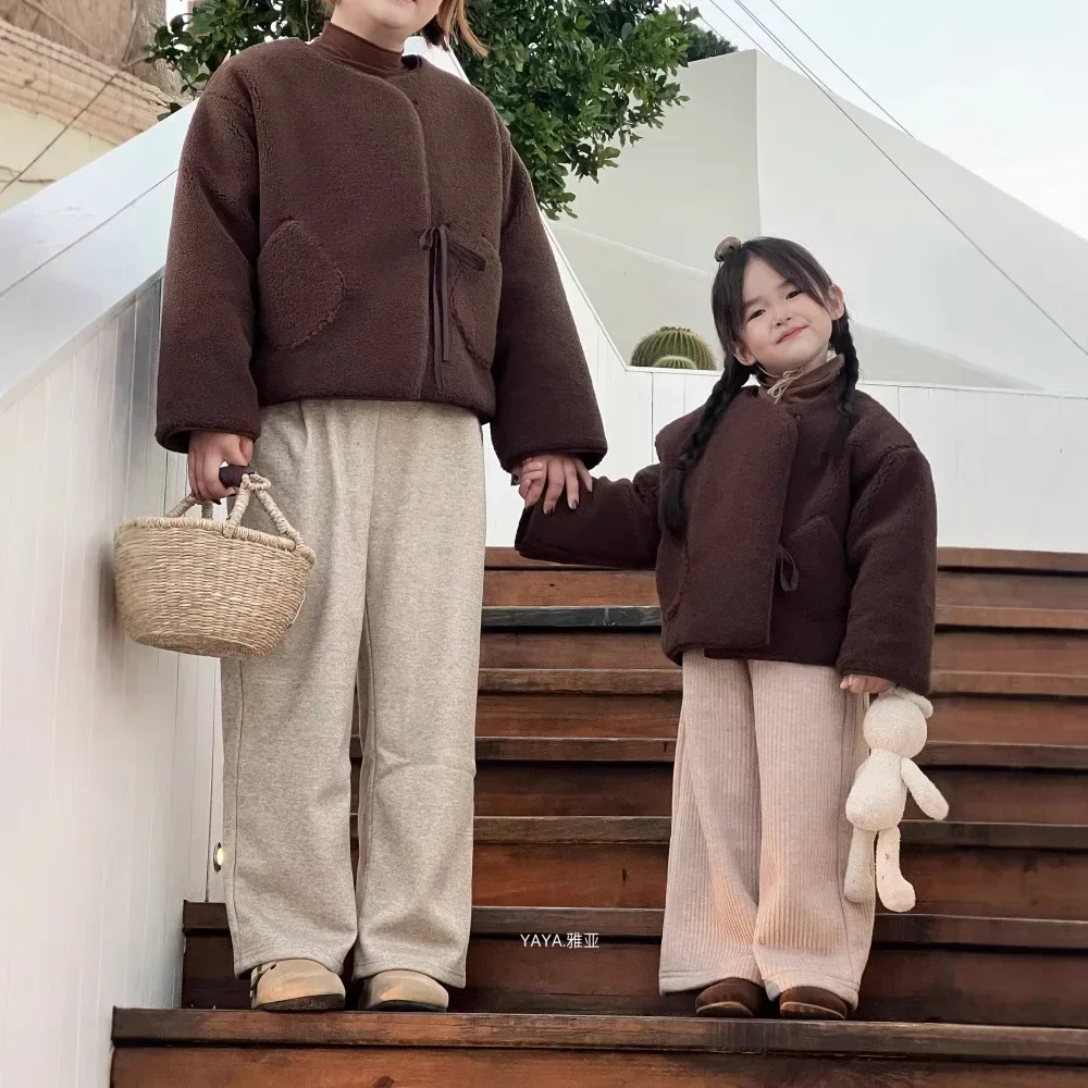 

Girls Suit 2024 Winter New Childrens Wear Korean Baby Girl Cardigan Cotton Padded Warm Coat Plus Fleece Straight Pants Two-piece