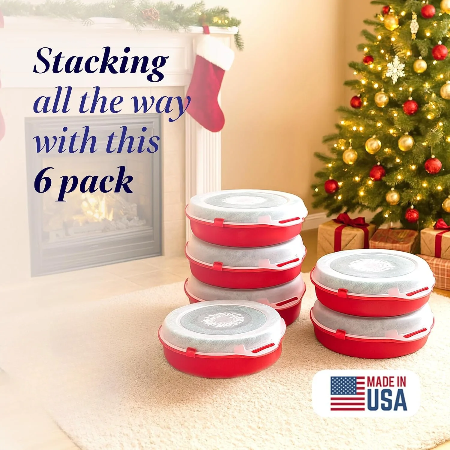 6-Pack Seasonal Holiday, Decorative Wreath Storage Organizer, 24 Inch, Red & Clear - Stackable Plastic Containers for Christmas Ornament Decorations