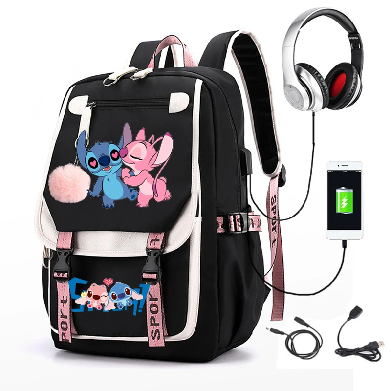 Lilo & Stitch Backpacks USB Waterproof Patchwork Lightweight Bagpack Capacity Laptop School Bags Teenage Travel Bag