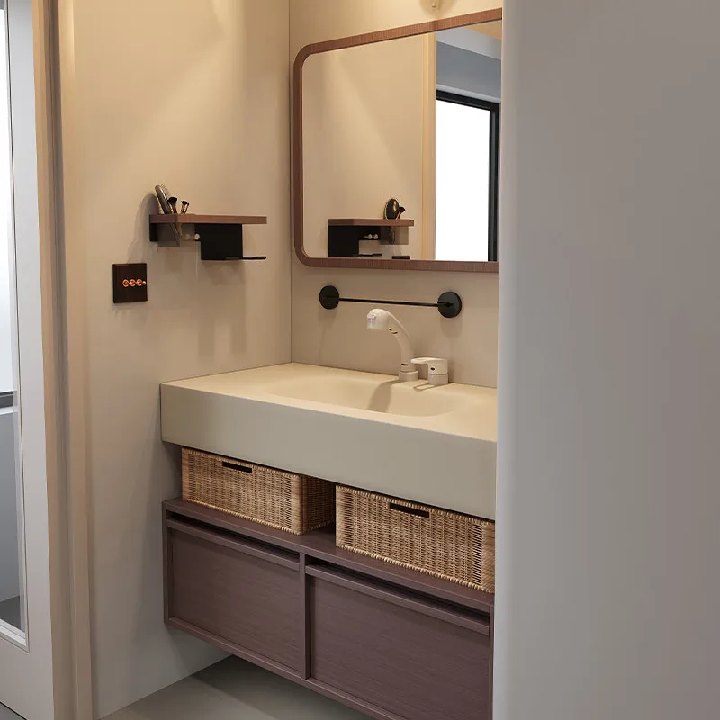 

Mid-Century Style Bathroom Vanity with Curved Sintered Stone Integrated Sink Wood Cabinet Combo with Customizable Design