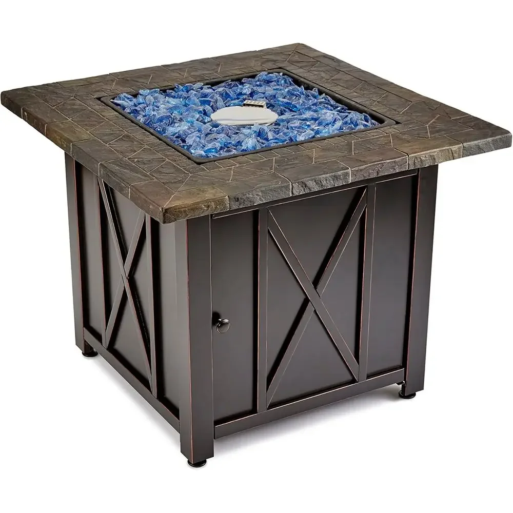 30 Inch Square Propane Gas Outdoor Fire Pit Table with Push Button Ignition, Blue Fire Glass, and Steel Fire Bowl in Bronze Fini