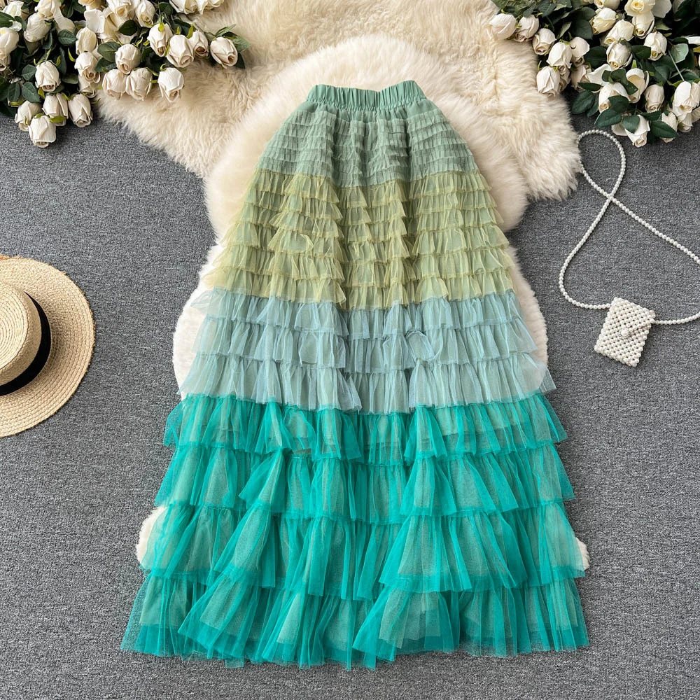 Gradient Colorful Rainbow Stripe Mesh Tulle Skirts Women 2023 Summer Autumn Long Maxi Skirt Fashion Elegant Elastic Waist