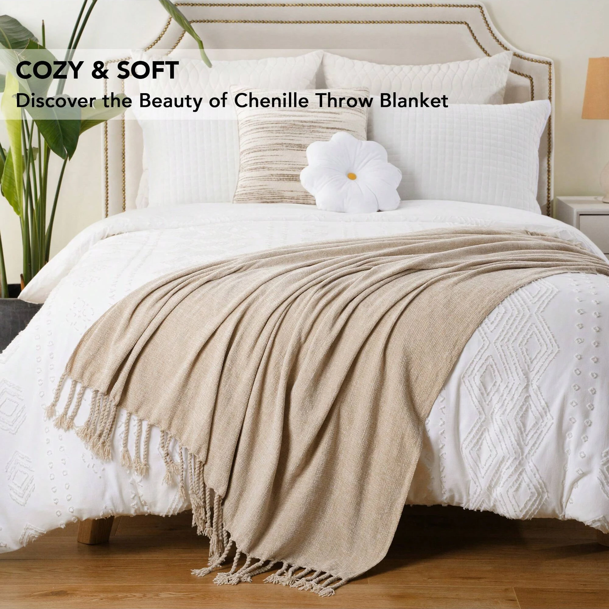 Battilo Chenille Throw Blanket With Fringe Tassels Decorative Lightweight Sofa Blanket Soft Cozy Knit Throws for Spring Decor