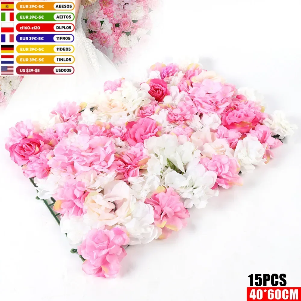 15Pcs Silk Artificial Flower Wall Rose Panel wedding decoration Photography Venue Background