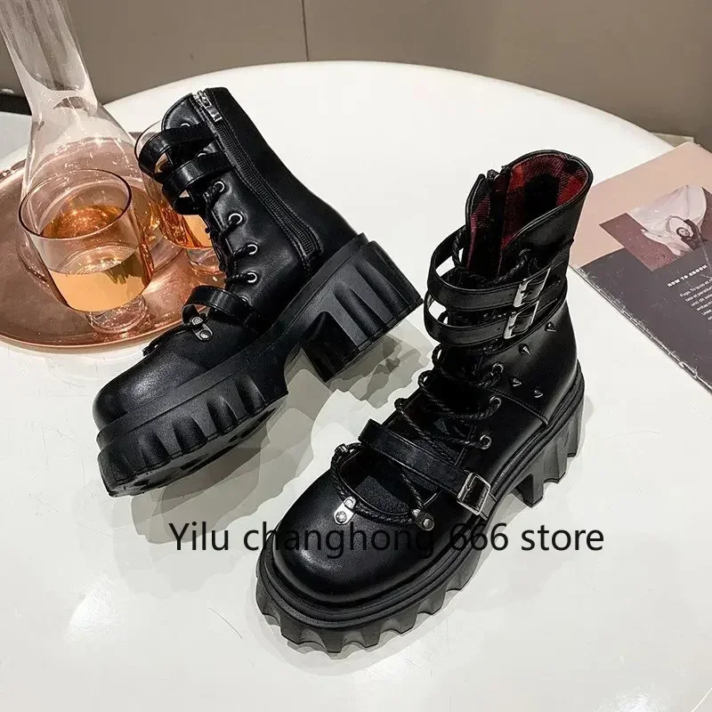 

Hollow Front Strap Solid 2025 Newest Boots Cross Tied Chunky High Heel Mid Calf Round Toe Boots Fashion Casual Spring Boots