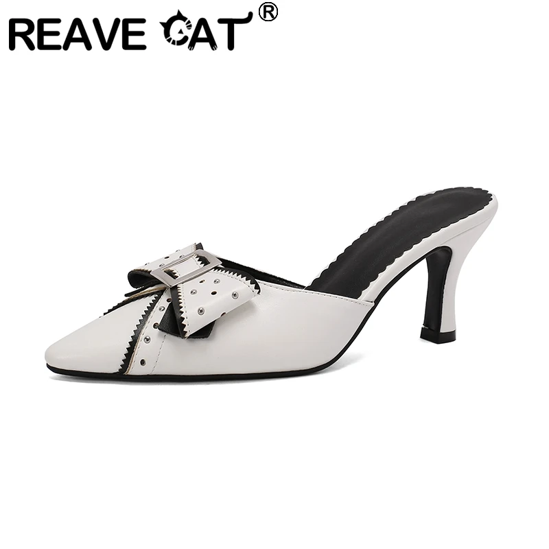 REAVE CAT Summer Fashion Sandals Pointed Toe Thin High Heels 7.5cm Bowknot Slip On Big Size 41 42 43 Sweet Daily Shoes