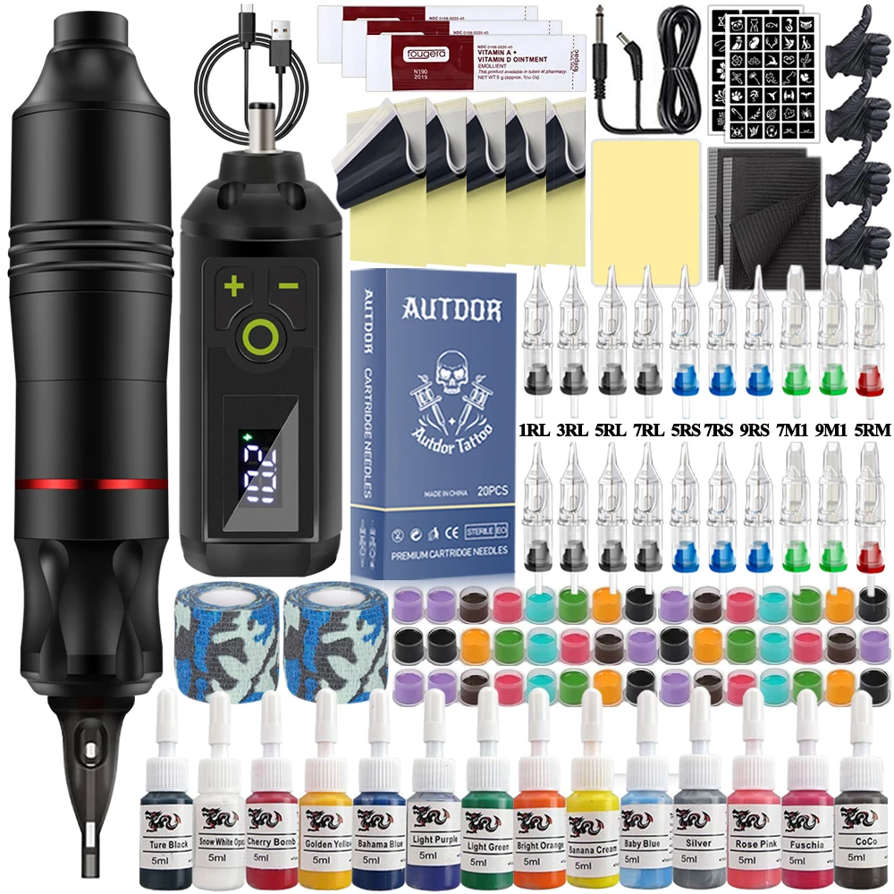 Wireless Tattoo Pen Machine Kit Cartridge Tattoo Machine Set with Wireless Power Supply Needles Inks Tattoo Accessories