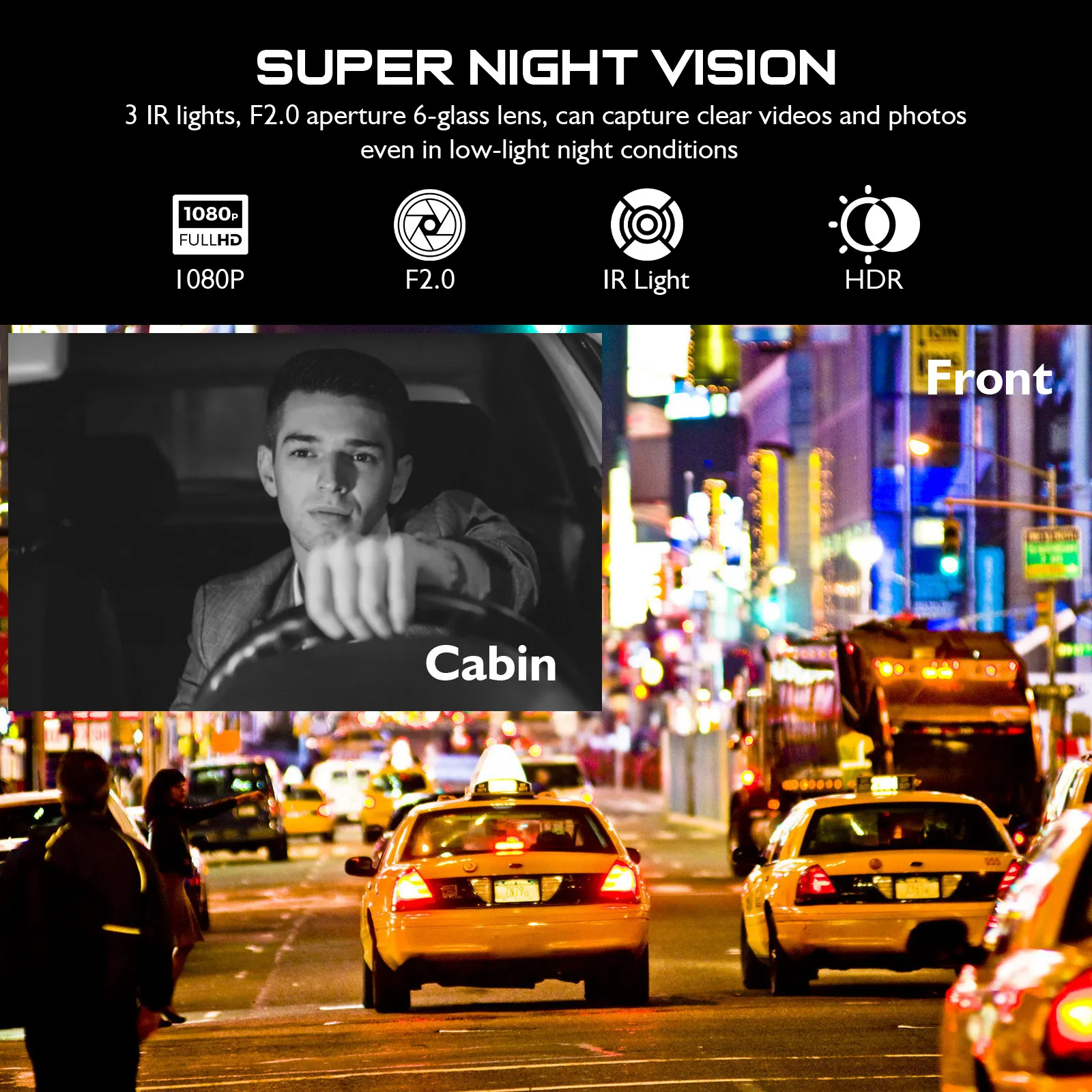 

Видеорегистратор для автомобиля с двумя объективами 1080P, фронтальная и задняя камеры, широкоугольный, с функцией мониторинга парковки и циклической записью