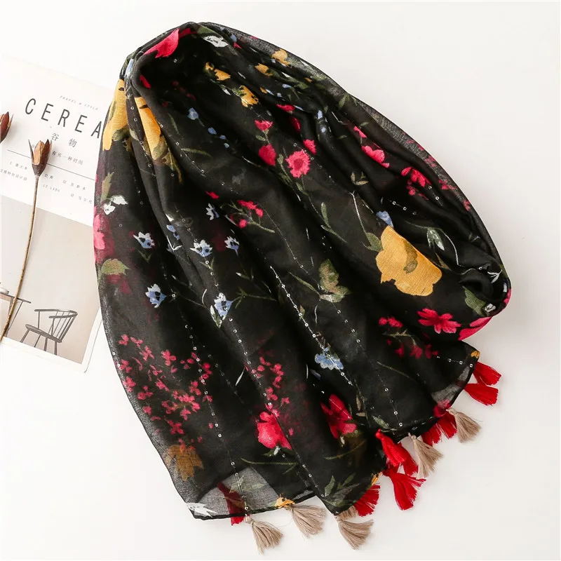 Autumn Fashion Retro Floral Sequin Tassel Viscose Shawl Scarf High Quality Print Soft Pashmina Stole Muslim Hijab Sjaal 180*90Cm