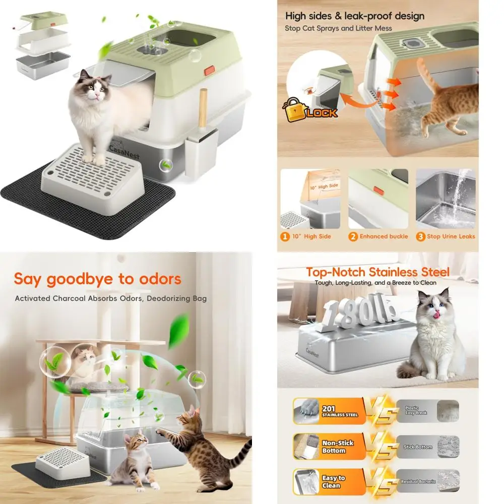 

Extra Large Enclosed Top Entry Stainless Steel Cat Litter Box for Large Cats - XL Non-Stick Easy Clean Metal Litter Box with Lid