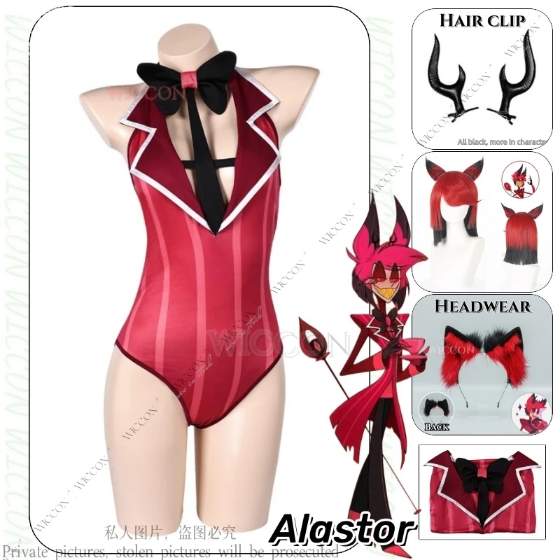 Alastor Anime Cosplay Costume Wig Ears Hotel Accessories Halloween Uniform Men Women Swimsuit Furry Ears Party FullSet Unisex