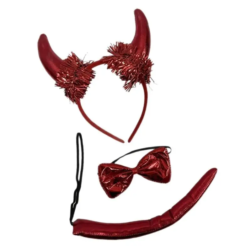 39BD Pack Of 3 Red Devil Horns Headbands With Bows Ties And Tails For Halloween Party