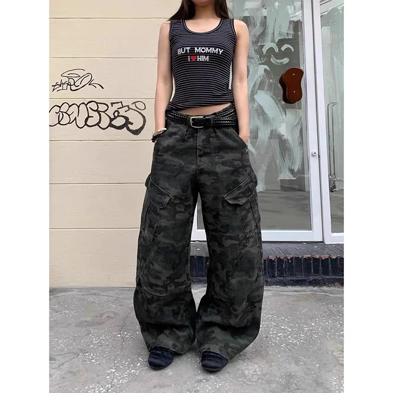 

Vintage Camouflage Cargo Jeans Women 2025 Harajuku Y2k Baggy Aesthetic Denim Trousers 2000s Emo Trashy Pants Clothes