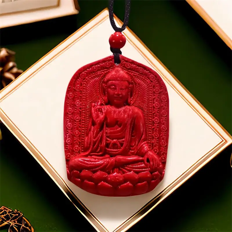 

Red Cinnabar Buddha Pendant Real Accessories Natural Jewelry Stone Talismans Fashion Gifts for Women Vintage Carved Gemstone