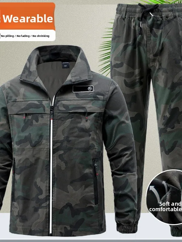 

Мужской комплект рабочей одежды из чистого хлопка, осенний, утолщенный, для активного отдыха, повседневный, камуфляжный, эластичный, для дуговой сварки, износостойкий