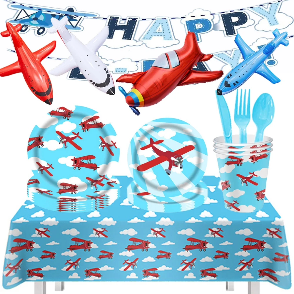 Airplane Party Tableware Plates Tablecloth Banner Balloon Gift Bag Time Flies Taking Flight Plane Flight Themed Birthday Supplie