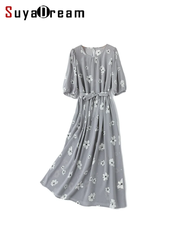 

SuyaDream,Women Floral Dresses, 100%Silk Crepe, O Neck, Belted Grey Dress, 2024 Spring Summer Clothes